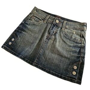 Y2K Underground Soul Denim Mini Skirt‎ Button Embellished Distressed Blue Size 0